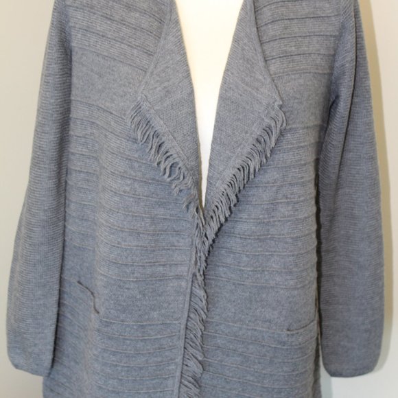 (NWT) Talbots Merino Wool Petite Grey Fringe Open Cardigan Sweater Long Tunic - Picture 3 of 15